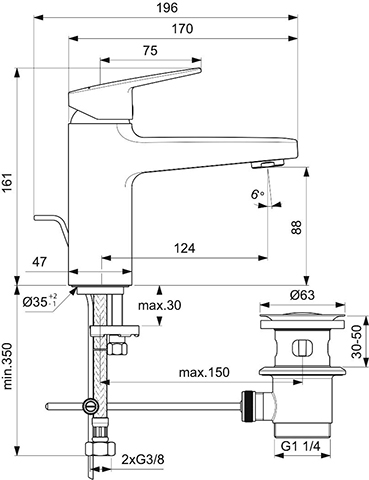 Ideal Standard Waschtischarmatur Ceraplan H90 mit Ablaufgarnitur Ausladung 124mm chrom BD227AA