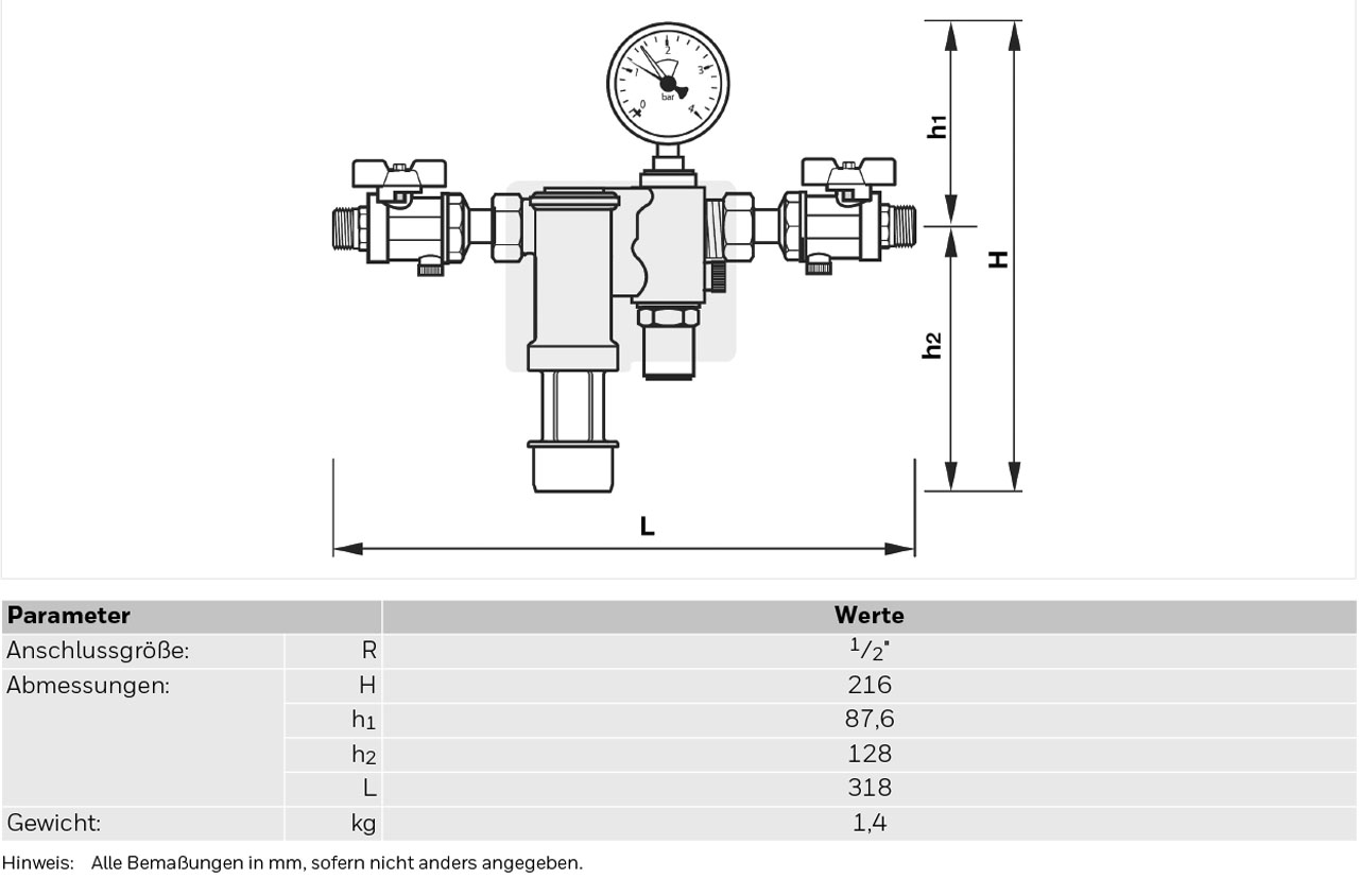 Resideo Nachfüllkombination mit Manometer, Absperrkugelhähnen und Isolierschale, Kompaktausführung, Flüssigkeitskategorie 3 NK295C-1/2A