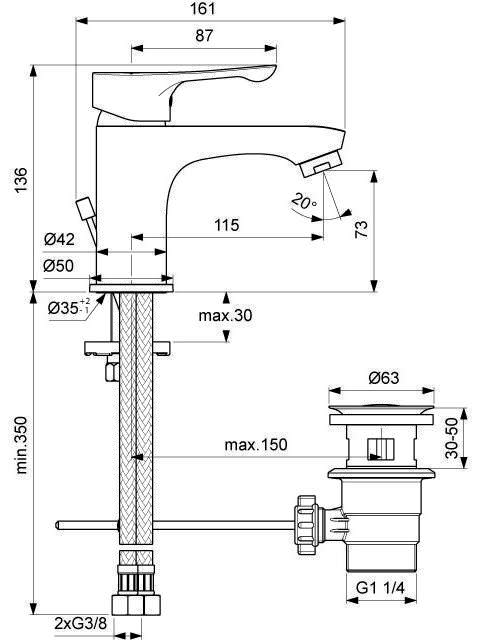 Ideal Standard Waschtischarmatur Alpha, mit Ablaufgarnitur aus Kunststoff, Ausladung 115mm, chrom BC486AA