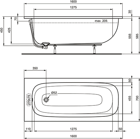 Ideal Standard i.life Körperform-Badewanne 160x70cm T475801 weiß