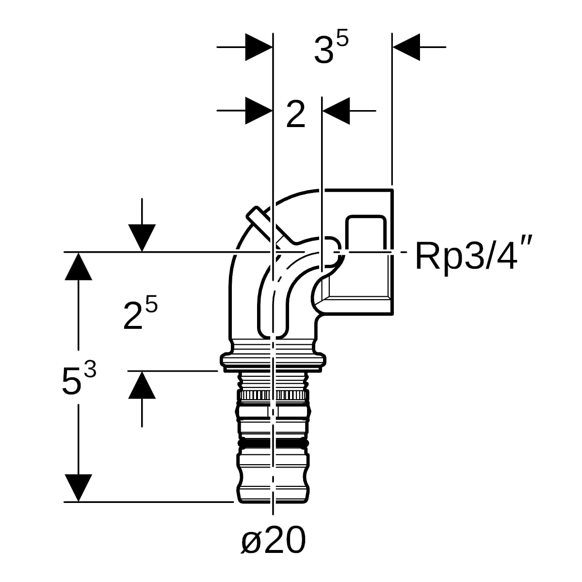 Geberit Mepla Übergangsbogen 90 Grad mit IG Rotguss d20-Rp3/4 602.257.00.5