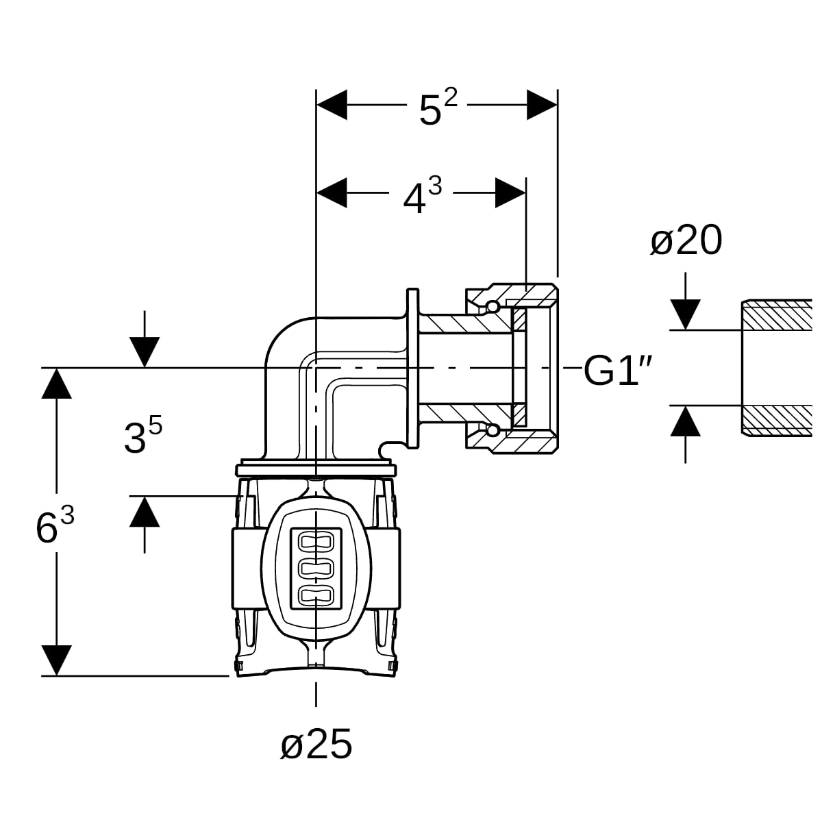 Geberit FlowFit Übergangsbogen 90 Grad mit Überwurfmutter, SiBr d25-G1 620.694.00.1