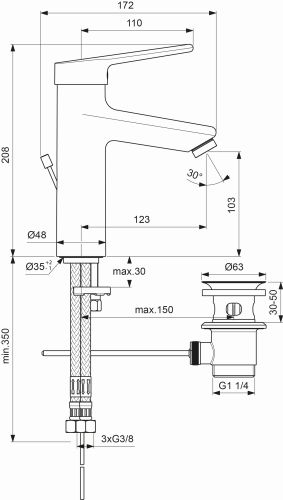 Ideal Standard Ceraplus 2 Waschtischarmatur Grande Niederdruck mit Ablaufgarnitur chrom, Ausladung 123mm BC101AA