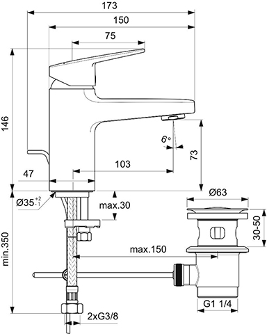 Ideal Standard Waschtischarmatur Ceraplan H75 mit Ablaufgarnitur Ausladung 103mm chrom BD214AA