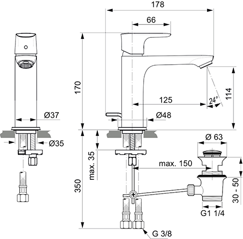 Ideal Standard Connect Air Waschtischarmatur Grande Slim mit Ablaufgarnitur chrom, Ausladung 125mm, 5 l/min A7012AA