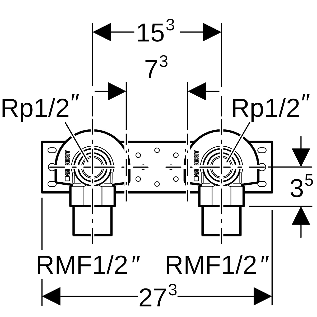 Geberit Anschlusswinkel 90 Grad mit AG MF vormontiert 2fach, Rotguss R1/2-Rp1/2 AD=15,3cm 632.865.00.2