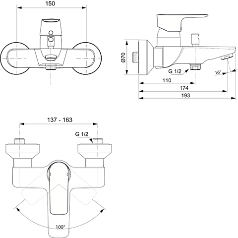 Ideal Standard Connect Air Badearmatur Aufputz Ausladung 174mm, chrom A7033AA