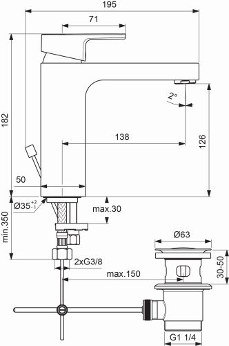 Ideal Standard Edge Waschtischarmatur Grande mit Ablaufgarnitur chrom, Ausladung 138mm, 5 l/min. A7109AA