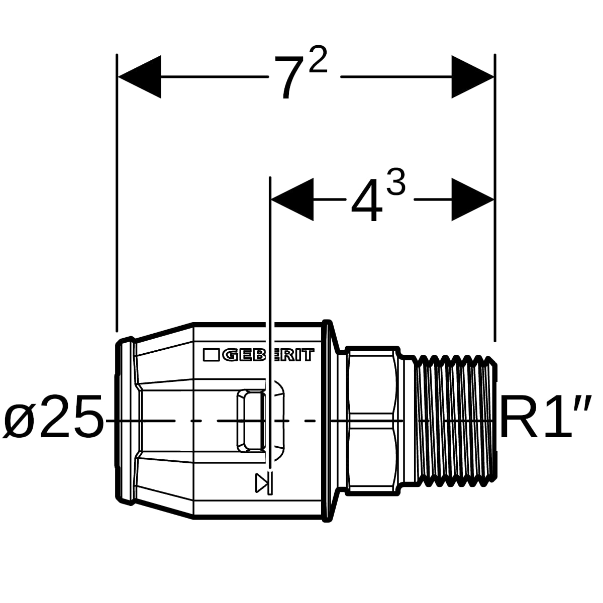 Geberit PushFit Übergang mit AG Rotguss d25-R1 652.533.00.1