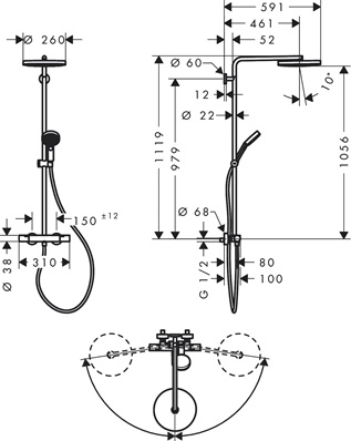 Hansgrohe Showerpipe Pulsify S Puro 260 1 jet Brausethermostat Aufputz Handbrause 3jet schwarzmatt 24236670