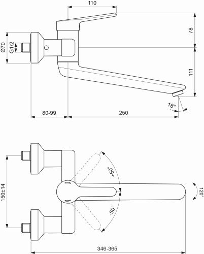 Ideal Standard Ceraplus 2 Wand-Waschtischarmatur 330mm chrom, Ausladung 330-349mm, absperrbaren S-Anschlüssen BC113AA
