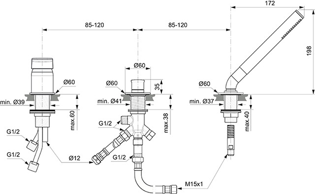 Ideal Standard Tonic II 3-Loch-Badearmatur ohne Wanneneinlauf, mit Handbrause, chrom A6349AA