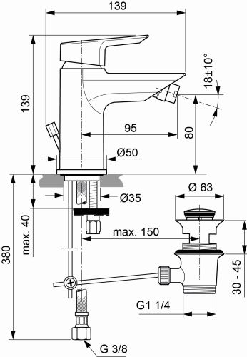 Ideal Standard Bidetarmatur Tesi, mit Ablaufgarnitur Ausladung 95mm, chrom A6579AA