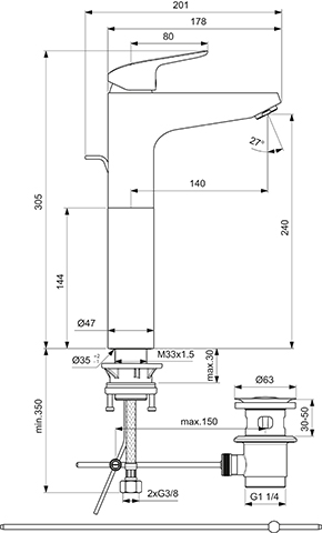 Ideal Standard Waschtischarmatur Ceraflex mit Ablaufgarnitur verlängerter Sockel Ausladung 140mm chrom B1872AA