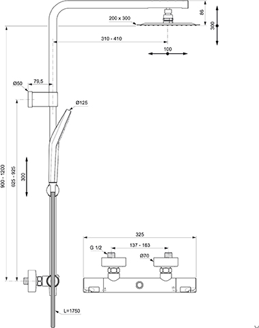 Ideal Standard Duschsystem Ceratherm T50 länge einstellbar fix mit Teleskopfunktion, chrom A7704AA