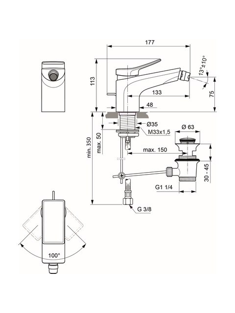 Ideal Standard Bidetarmatur Conca, mit Ablaufgarnitur Ausladung 133mm, chrom BC760AA
