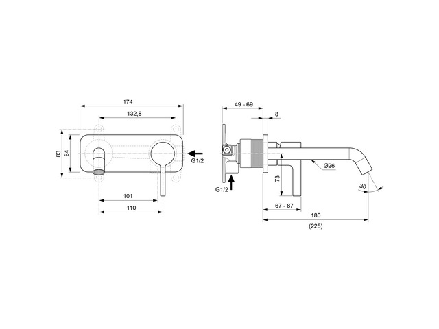 Ideal Standard Wand-Waschtischarmatur JOY, BS2 Ausladung 225mm eckig eckige Rosette, chrom A7381AA
