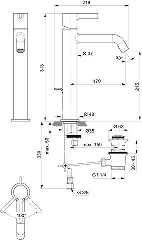 Ideal Standard Waschtischarmatur JOY, mit verlängertem Sockel mit Ablaufgarnitur Ausladung 170mm, chrom BC781AA
