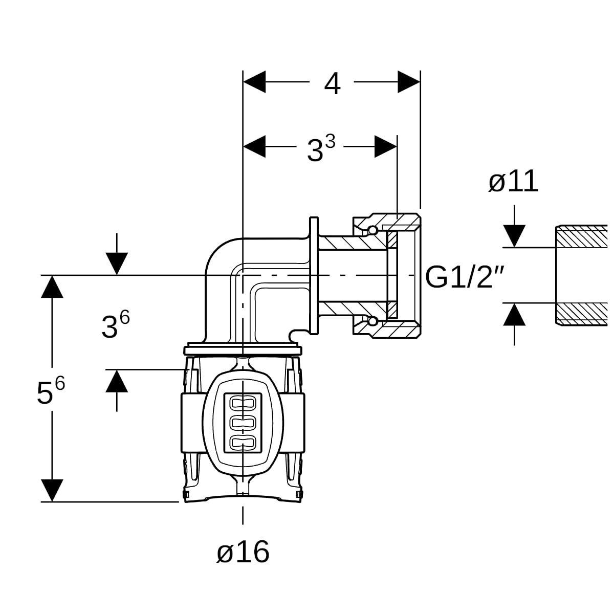 Geberit FlowFit Übergangsbogen 90 Grad mit Überwurfmutter, SiBr d16-G1/2 620.686.00.1