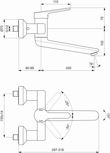 Ideal Standard Ceraplus 2 Wand-Waschtischarmatur 280mm chrom, Ausladung 280-299mm, absperrbaren S-Anschlüssen BC112AA