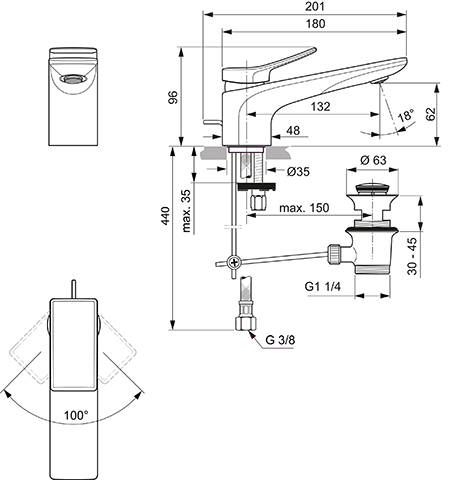 Ideal Standard Waschtischarmatur Conca, mit Ablaufgarnitur Ausladung 132mm, chrom BC753AA