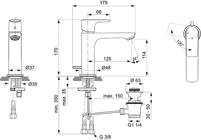 Ideal Standard Waschtisch-Armatur Connect Air, Grande Slim mit Ablaufgarnitur, 5l/min, BlueStart, chrom A7013AA