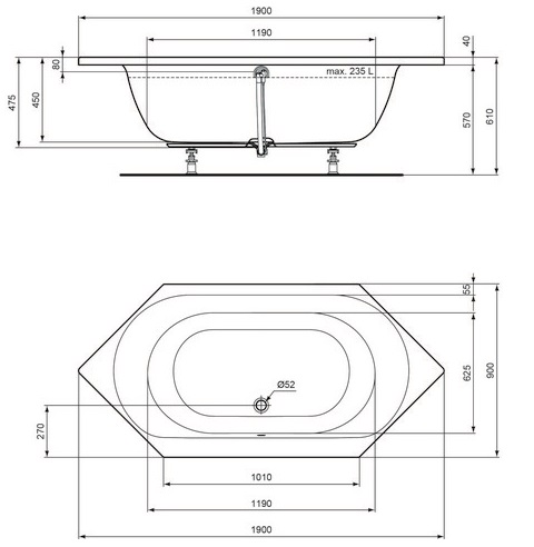 Ideal Standard Connect Air Sechseck-Badewanne 190x90x47,5cm E106901 weiß