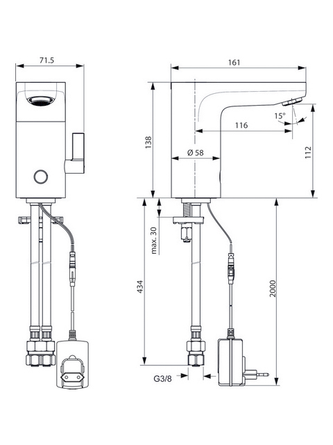Ideal Standard Ceraplus Sensor-Waschtischarmatur Netz mit Mischung chrom, Ausladung 116mm, Netzbetrieben A6146AA