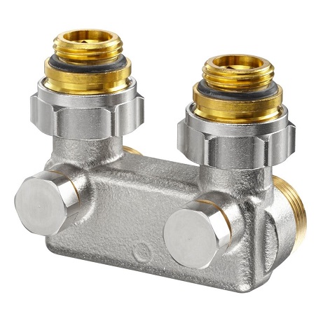 Oventrop Umlenkstück mit Absperrung Winkelform, 50mm, 1/2"AGx3/4"AG 1016463