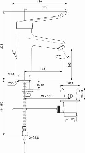 Ideal Standard Ceraplus 2 Waschtischarmatur Grande mit Bügelgriff mit Ablaufgarnitur chrom, Ausladung 123mm BC103AA