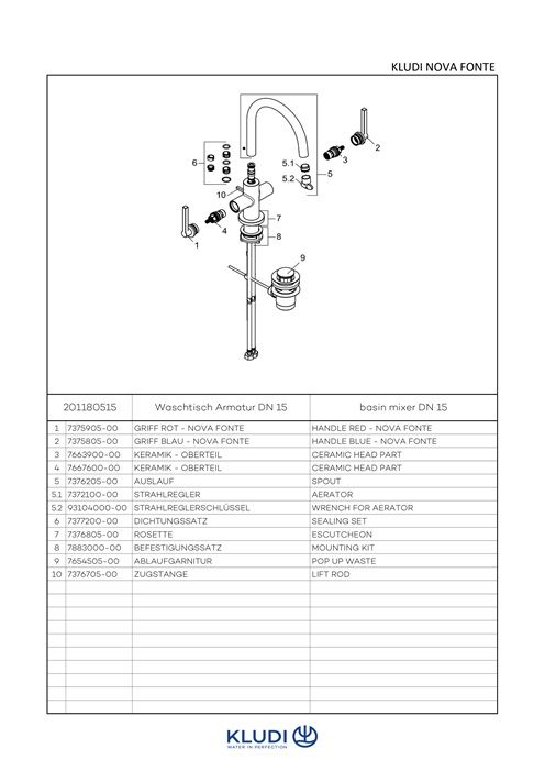 Kludi NOVA FONTE Waschtischarmatur PURISTIC Einlochmontage chrom 201180515