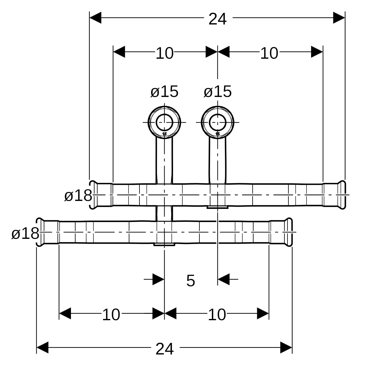 Geberit Mapress C-Stahl Set Anschluss-T-Stück für Vorlauf/Rücklauf Anschlussverschraubung d18-15 24046