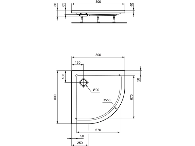 Ideal Standard Hotline Neu Viertelkreis-Duschwanne 80x80x8cm K277901 weiß