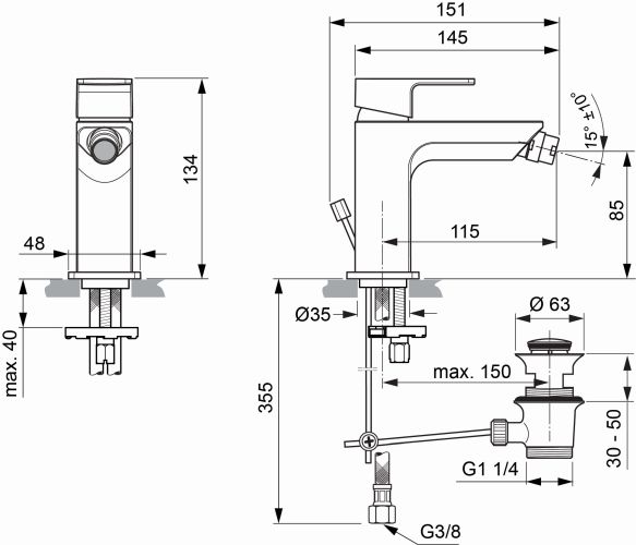 Ideal Standard Bidetarmatur Edge, mit Ablaufgarnitur Ausladung 115mm, chrom A7118AA