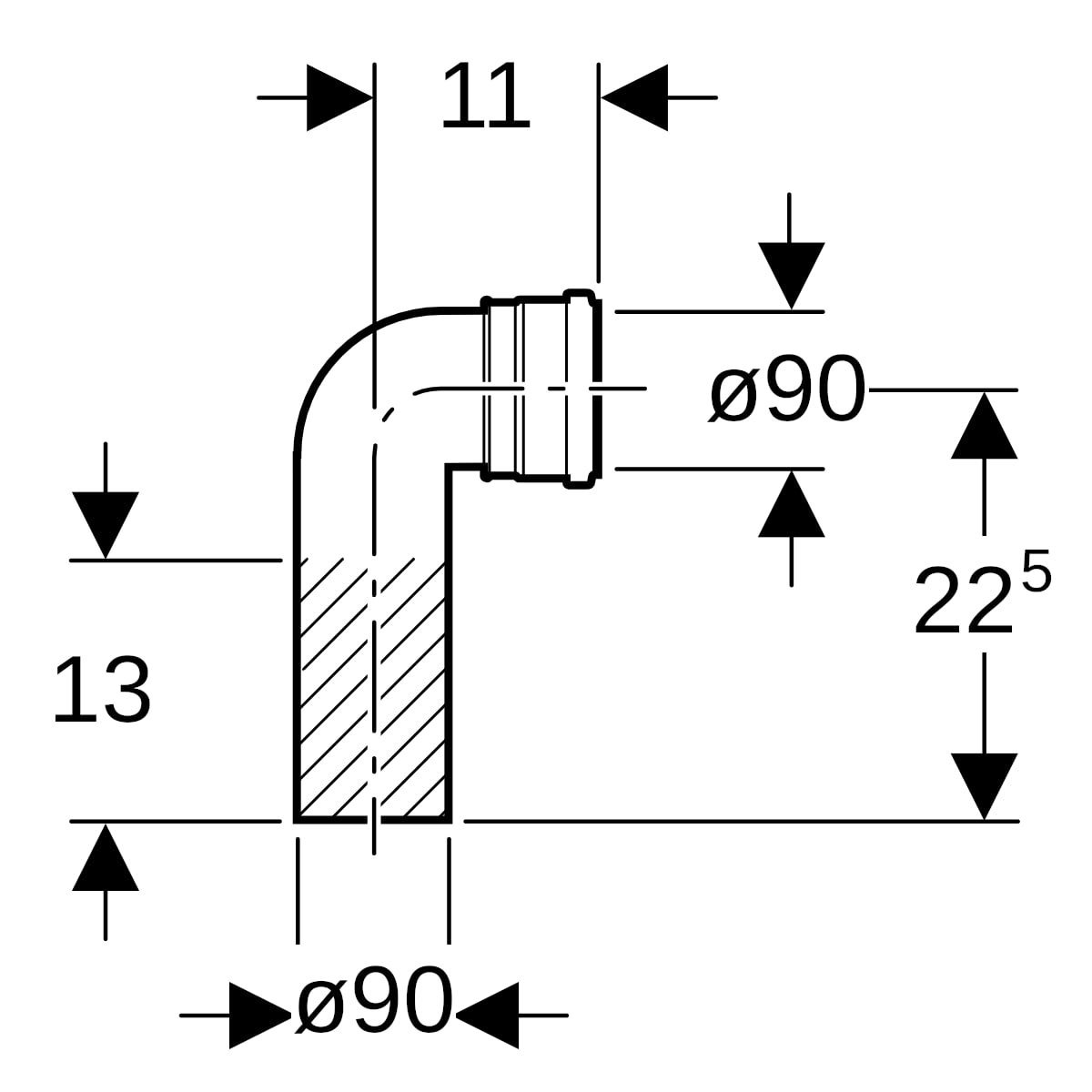 Geberit PE Anschlussbogen 90 Grad für Wand-WC d90/90 366.061.16.1