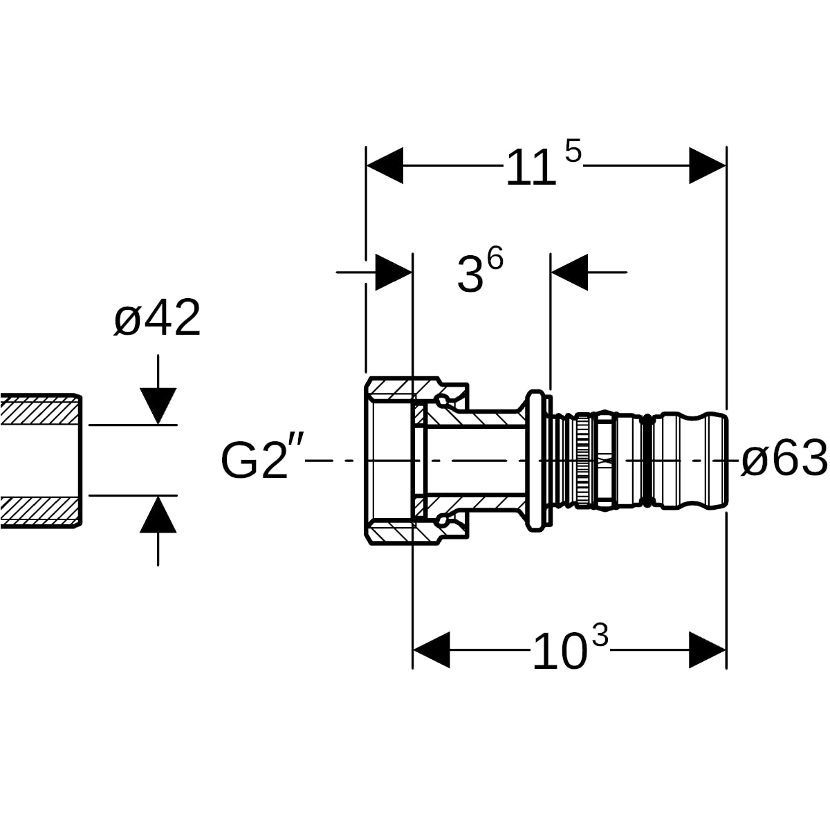Geberit Mepla Übergang mit Überwurfmutter Rotguss d63-G2 607.581.00.5
