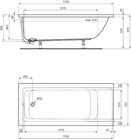 Ideal Standard Connect Air Körperform-Badewanne 170x75x47,5cm E106401 weiß