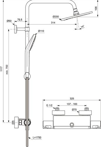 Ideal Standard Duschsystem Ceratherm T50 mit Brausethermostat Schlauch 1500mm, chrom A7230AA