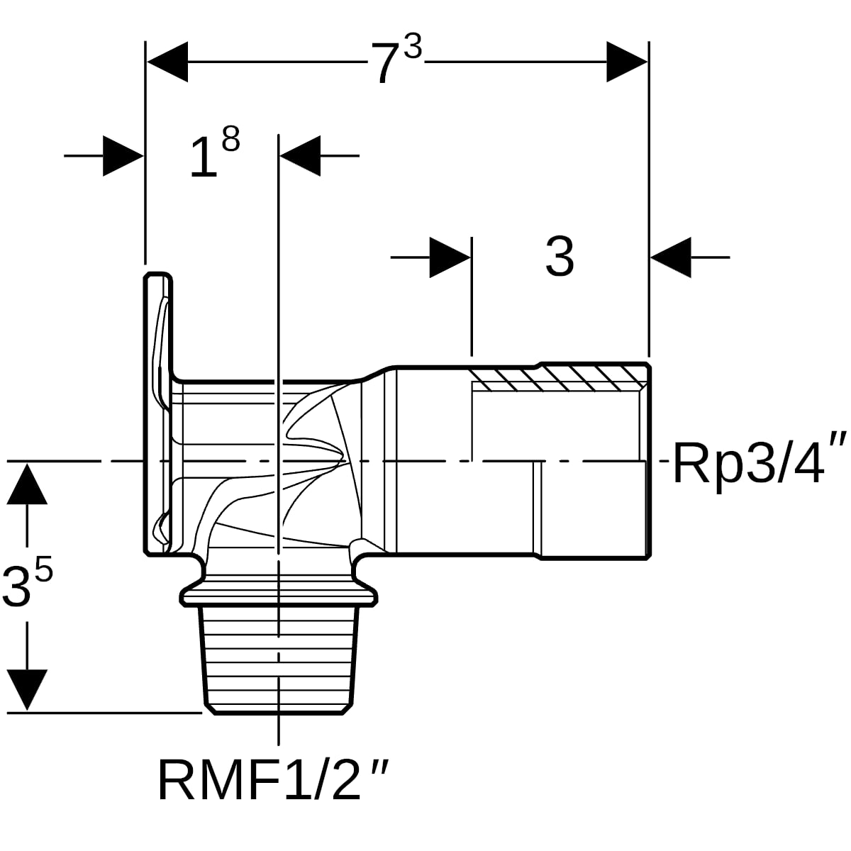 Geberit Anschlusswinkel 90 Grad mit AG MF Rotguss RF1/2-Rp3/4 L:73mm 602.297.00.2