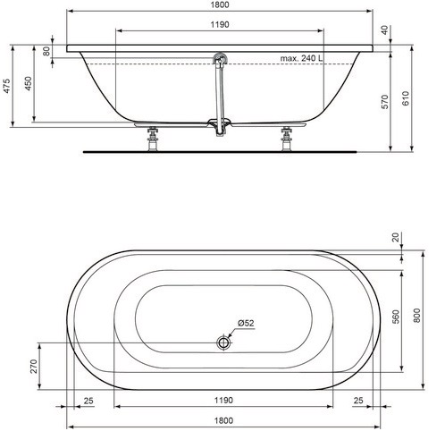 Ideal Standard Connect Air Oval-Badewanne 180x80x47,5cm E106801 weiß