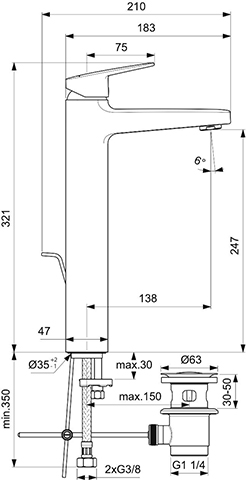 Ideal Standard Waschtischarmatur Ceraplan H250 mit Ablaufgarnitur Ausladung 138mm chrom BD238AA
