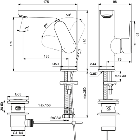 Ideal Standard Waschtischarmatur Cerafine O, H155 mit Ablaufgarnitur, Ausladung 136mm, chrom BC703AA