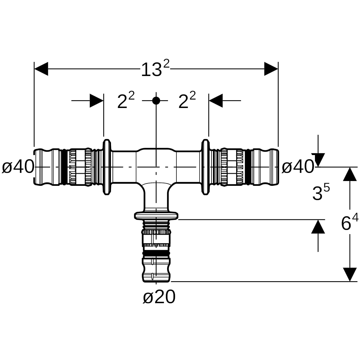 Geberit Mepla T-Stück reduziert PVDF d40-20-40 625.317.00.5
