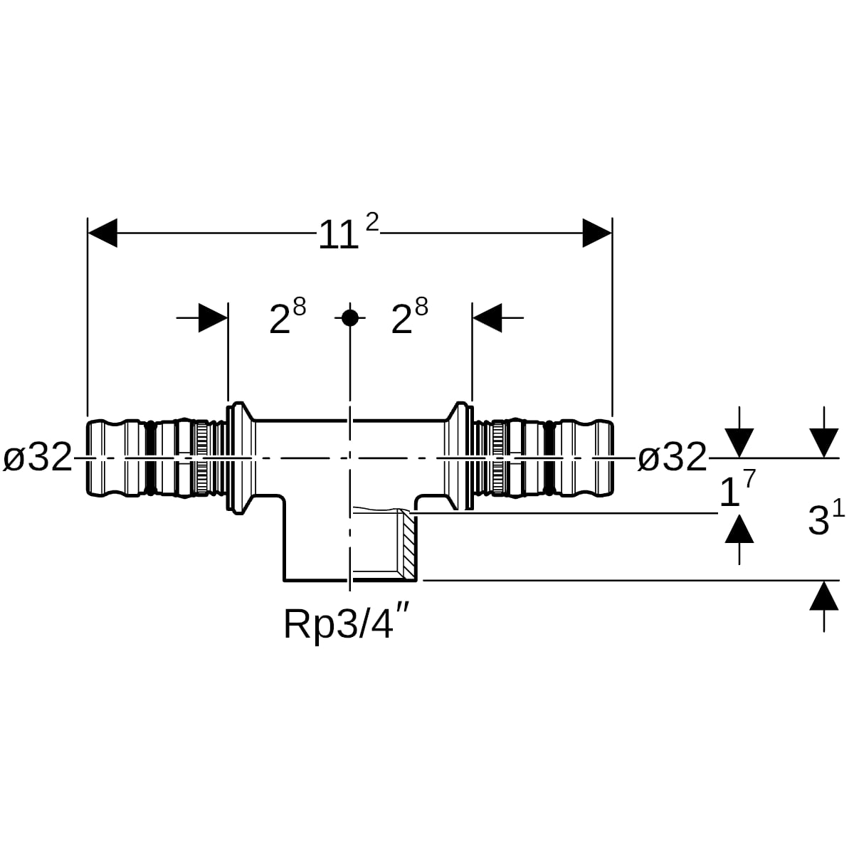 Geberit Mepla T-Stück mit IG Rotguss d32-Rp3/4-32 604.362.00.5