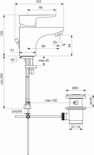Ideal Standard Waschtischarmatur Ceraplan III mit Ablgarnitur, Ausladung 99mm, chrom B0700AA