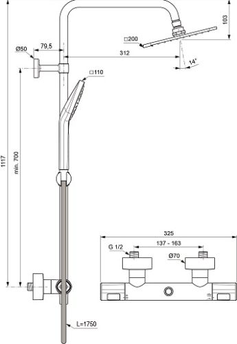 Ideal Standard Duschsystem mit Thermostat Ceratherm T100 Brauseschlauch 1750mm, chrom A7240AA