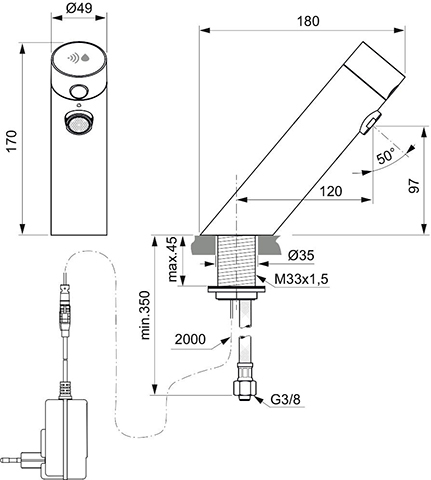 Ideal Standard Waschtischarmatur Sensorflow ohne Mischung Netzteil chrom Ausladung 120mm A7557AA