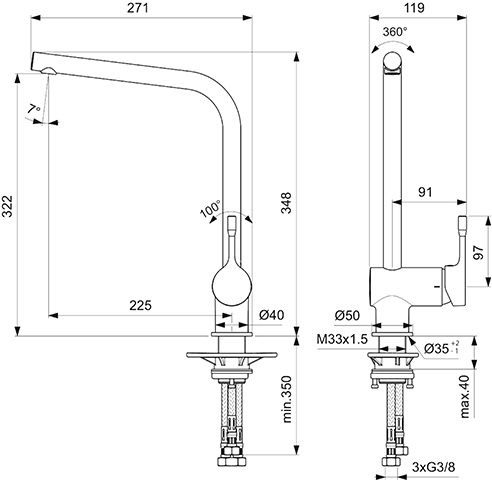 Ideal Standard Küchenarmatur Ceralook, Niederdruck mit hohem Auslauf, Ausladung 225mm, chrom BC175AA