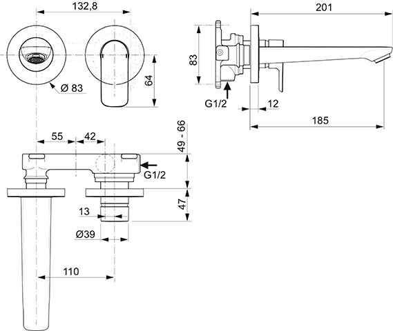 Ideal Standard Connect Air Wand-Waschtischarmatur Unterputz chrom, Ausladung 185mm, Bausatz 2,5l/min A7029AA