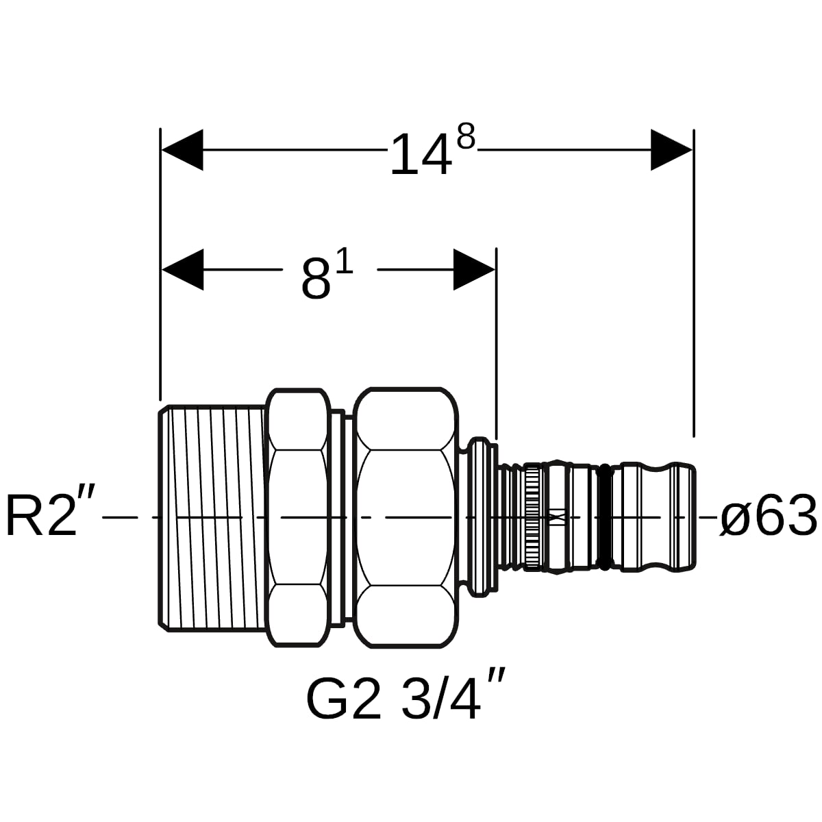 Geberit Mepla Übergangsverschraubung mit AG Rotguss d63-R2 607.590.00.5